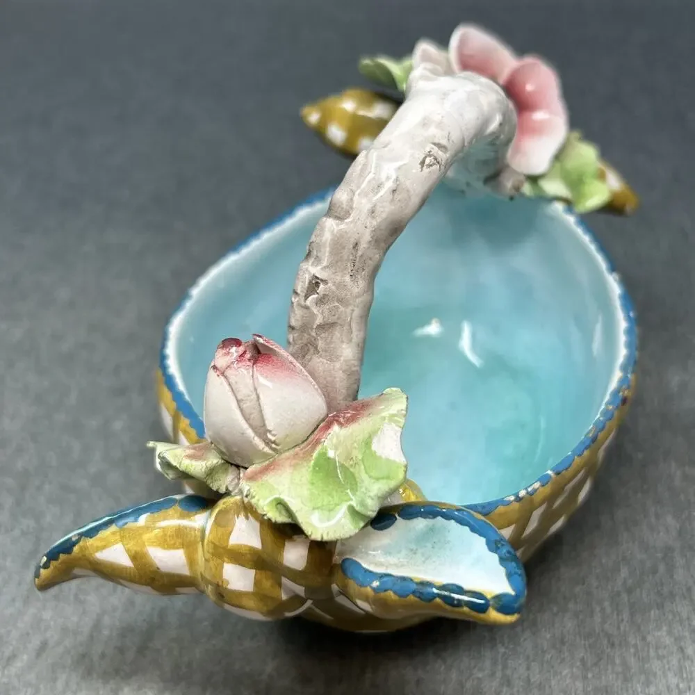 Vintage Italian Majolica Floral Bowl Hand Painted LE 472 Italy Twig Basket READ